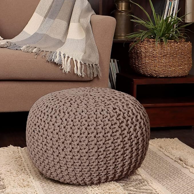 REDEARTH Round Pouf Foot Stool Bean Bag Ottoman - Hand Knitted Boho Pouffe - Home Decor Poof - Stuffed Foot Rest for Living Room - Nursery - Bedroom - Patio (19.5"x19.5"x14") - Taupe