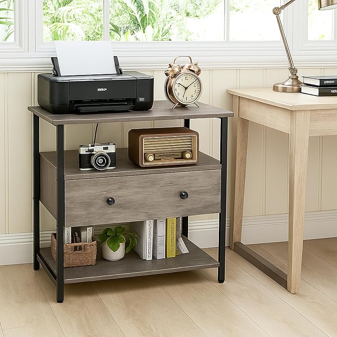 27 Inch Wide Night Stand with Charging Station, Wood Nightstand with Open Shelf, Large Drawer Bedside Table for Living Room/Bedroom/Office (Rustic Gray)