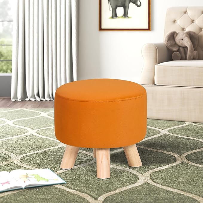 Asense Small Round Ottoman Foot Rest Stool Fabric Padded Seat Footstool Ottoman with Anti-Slip Wooden Legs (Orange,Fabric)