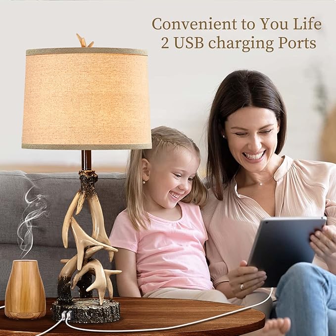 28" Farmhouse Table Lamp for Living Room, Western Rustic Lamp with USB Charging Ports Country Cabin Bedside Antler Lamps for Bedroom Foyer Office Vintage Rotary Control Single Brown- Bulb Not Included