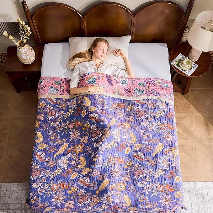 Boho Blanket, 100% Cotton Farmhouse Decorative Throw Blanket, 80"x90" Reversible Bohemian Throw Blanket, Purple All Season Muslin Breathable Woven Blankets Quilt