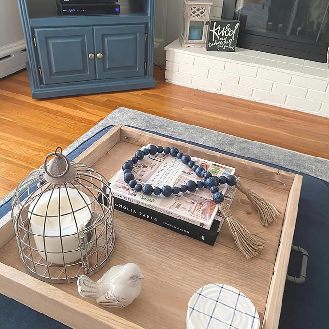 Handcrafted Farmhouse Wooden Decorative Beads Garland, Table Tray Boho Wood Beads with Tassel, Small Rustic Antique Decor for Home and Events (32" Rustic Blue)