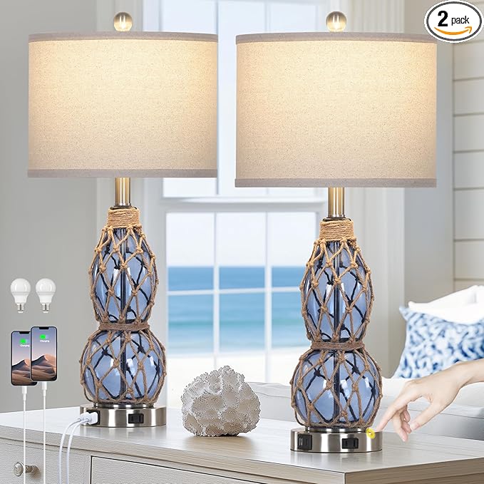 26" Coastal Glass Table Lamps Set of 2, 3-Way Dimmable Touch Lamps with USB Ports and AC Outlet, Nautical Bedside Lamps for Bedroom Living Room