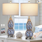26" Coastal Glass Table Lamps Set of 2, 3-Way Dimmable Touch Lamps with USB Ports and AC Outlet, Nautical Bedside Lamps for Bedroom Living Room