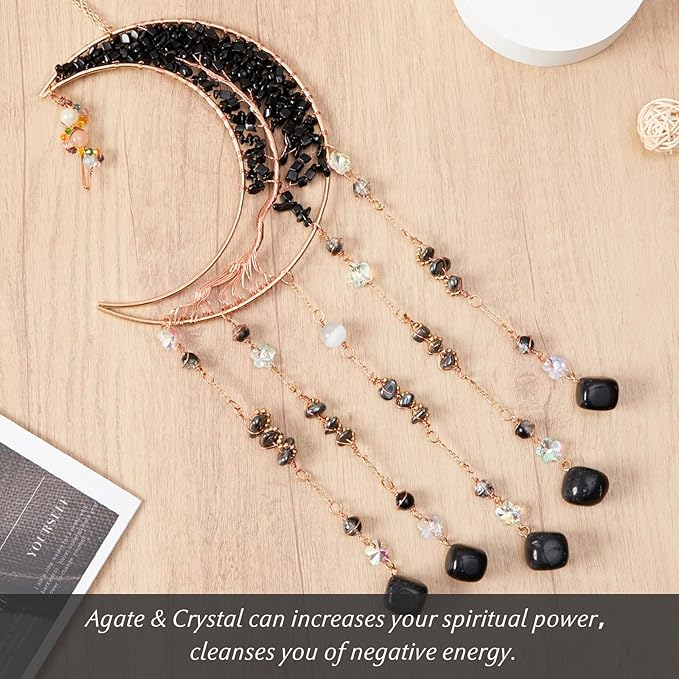 Black Gemstone Dream Catcher 7 Chakras Tree of Life Moon Dream Catcher with Healing Crystal Square Stones Handmade Dreamcatcher Wall Decor for Adults Boys Girls,Bedroom,Wedding,Garden,Bless Gift