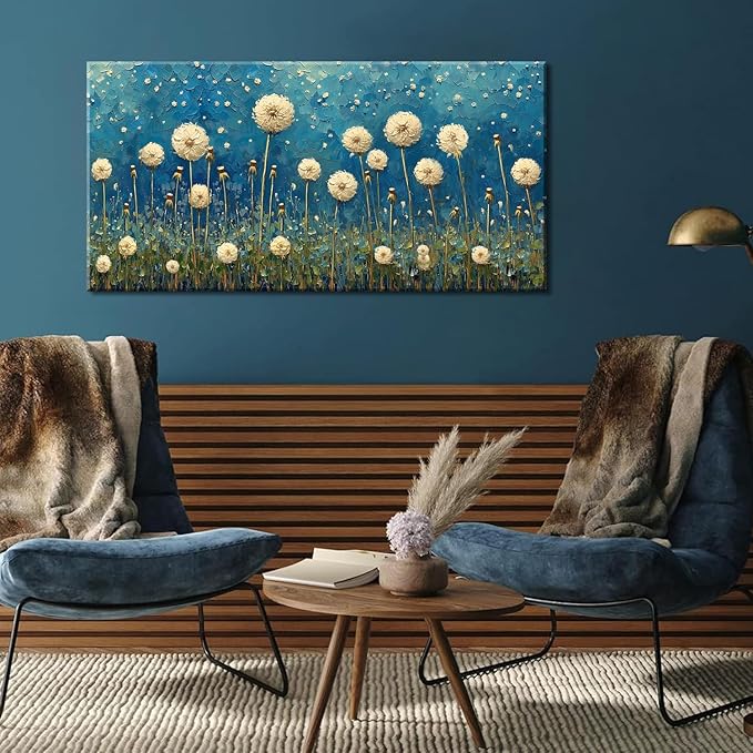 LASMOND Teal Dandelion Wall Art for Living Room Abstract Blowball Canvas Painting Prints Large Flower Floral Grassland Bedroom Decoration Modern Artwork Decor (40x20 Inches)