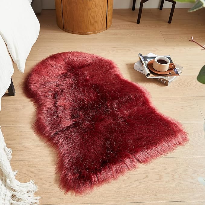 AMTOVO Faux Fur Rug, Burgundy Small Area Rug, Fluffy Sheepskin Rug, Fuzzy Ultra Soft 2 x 3 ft Shag Rugs for Bedroom Sofa Throw Cushion Room Decor, Sheepskin