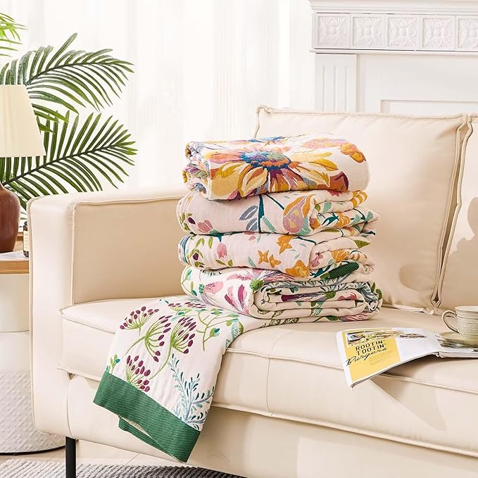 Boho Throw Blanket for Bed, 100% Cotton Soft Rustic Quilt Fall Blanket, 50"x60" Yellow Floral Printed Farmhouse Decor Bed Blankets, All Season Rustic Reversible Bohemian Throw Quilt