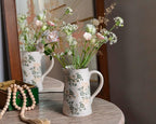 Ceramic Vintage Flower Vase with Handle, Chinoiserie Floral Pitcher Vase for Home Decor, Decorative Vases for Centerpiece Table Decorations, Green and White Vases for Living Room Kitchen Shelf Decor