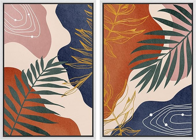 SIGNFORD Framed Canvas Print Wall Art Set Retro Mid-Century Geometric Forest Plants Abstract Shapes Illustrations Modern Art Decorative Bohemian for Living Room, Bedroom, Office - 24"x36"x2 White