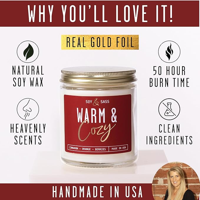 Christmas Candles, Fall Candles, Warm and Cozy' Soy Candle I Berries, Apple & Cinnamon I Infused w/Essential Oils I Warm n Cozy Home Decor I Winter and Holiday Candle I 50Hr Burn I USA Made