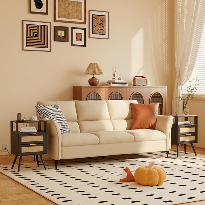 Rattan Nightstand with Charging Station,Farmhouse Bedside Table with 2 Storage Drawer and Open Wood Shelf, for Bedroom and Small Spaces,Night Stand with Solid Wood Legs (Black-Outlet)