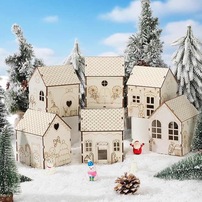 Hiboom 12 Pcs DIY Christmas Village Sets Wood Gingerbread Man Houses Christmas Mini Wooden House Gift for Winter Xmas Party Decorations