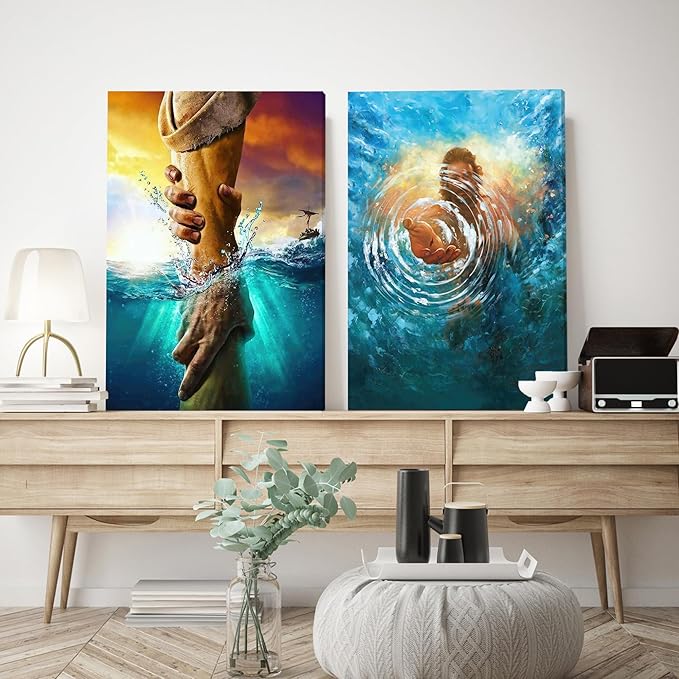 Framed Jesus Christ Canvas Wall Art The Hand of God Jesus Reaching Into Water Christian Painting Prints Biblical Wall Decor Religious Room Decor for Church Prayer Room Schools Hospitals 16" x 24"