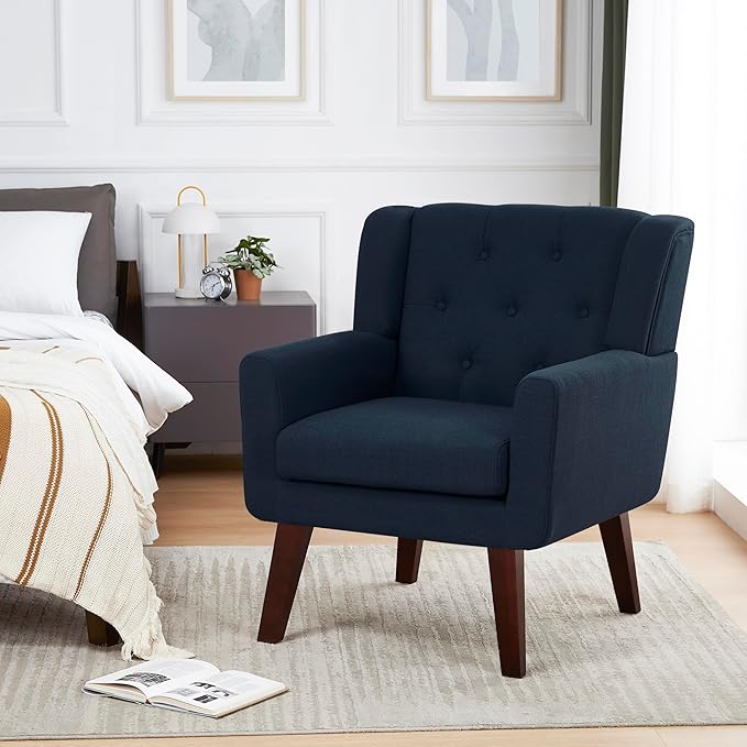Accent Chair Button-Tufted Upholstered Living Room Chairs Comfy Reading Chair Mid Century Modern Chair with Linen Fabric Lounge Arm Chairs for Living Room Bedroom (Navy Blue)