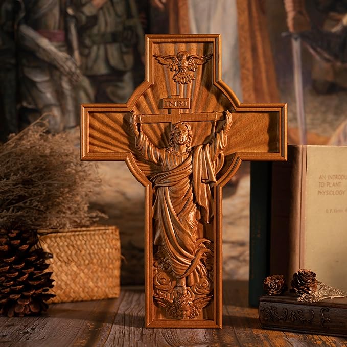 BGCOPPER Crucifix Wall Cross Handmade Wooden Cross for Wall with Hook, INRI Jesus Cross Wll Decor for Church Home Room Christmas Gifts