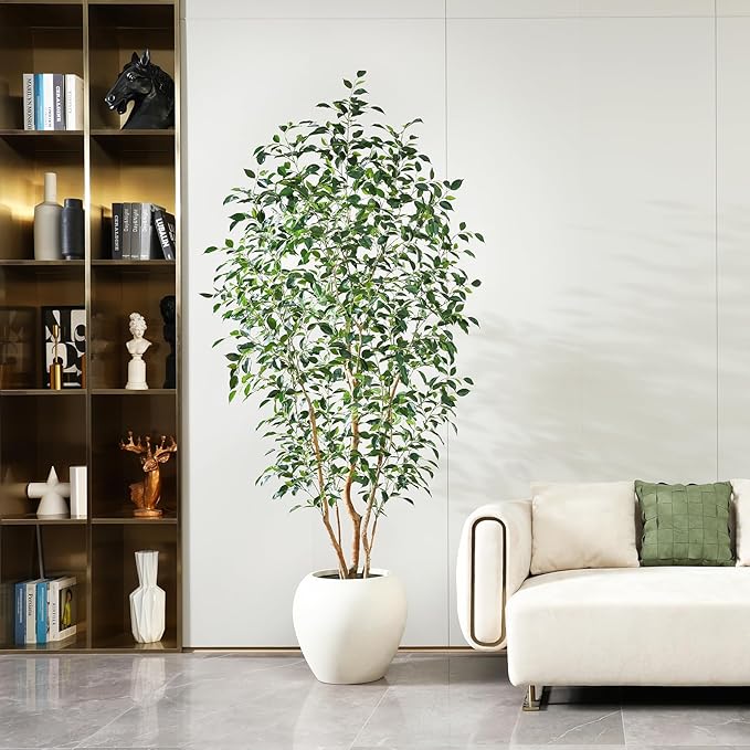 8FT Artificial Ficus Tree, Indoor Faux Ficus Plant with Realistic Leaves & Natural Wood Trunk, 8ft Tall, Green, All Seasons, Perfect for Living Room Home Decor