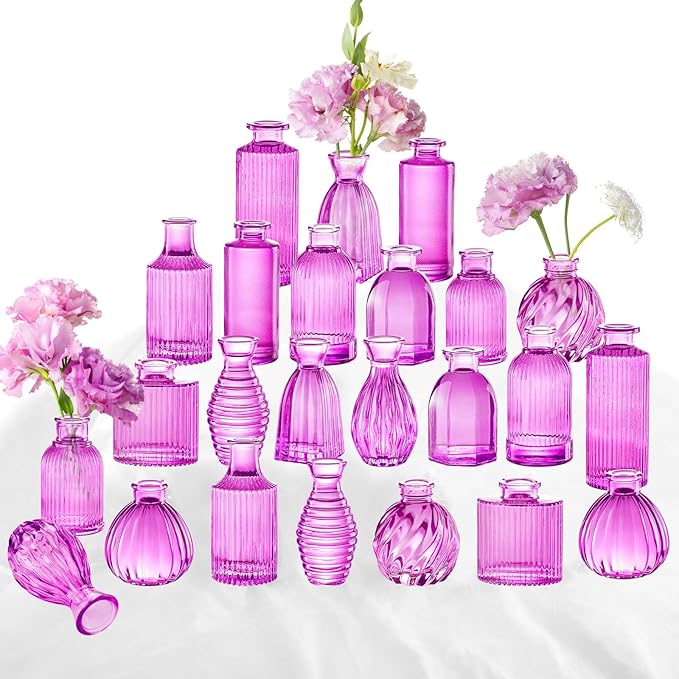 24PCS Bud Vases for Decor Cool Hot Pink Small Glass Flower Vase in Bulk Wedding Centerpieces Bridal Shower Decorations for Women