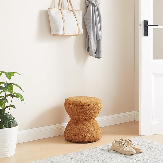 VANOMi Multi-Functional Boucle Ottoman, Vanity Stool Chair, Sturdy Rotating Wooden Footstool, Suitable for Living Room, Bedroom, and Entryway, Without Installation, Swivel, Curry