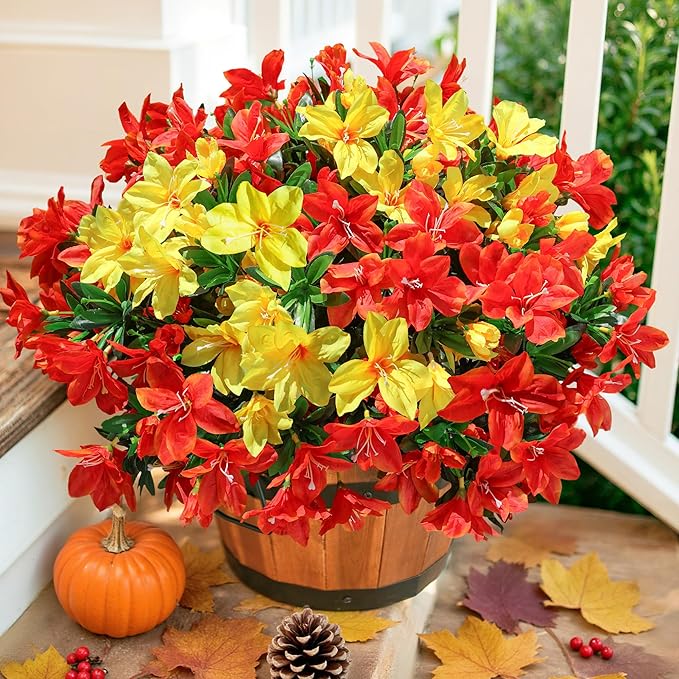 Artificial Fake Fall Flowers for Outdoors 3 Bundles Silk Azalea Flower Faux Plants UV Resistant Realistic Flowers for Outside Planter Porch Patio Yard Garden Walkways Home Decor (Orange+Yellow)