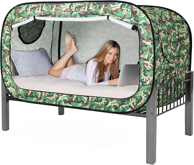 Bed Tent Twin Bed Canopy Portable Dream Tent for Adult Indoor Sleeping Tents with 2 Doors Breathable Private Space Tents, Green Camouflage