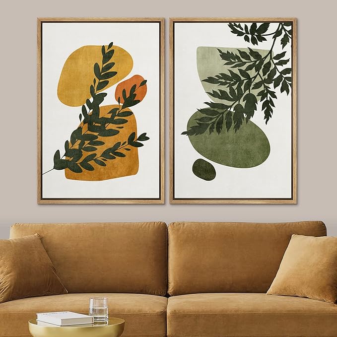SIGNFORD Framed Canvas Print Wall Art Set Mid-Century Forest Fern Leaf Collage Abstract Shapes Illustration Modern Art Decorative Nordic Nature for Living Room, Bedroom, Office - 24"x36"x2 Natural