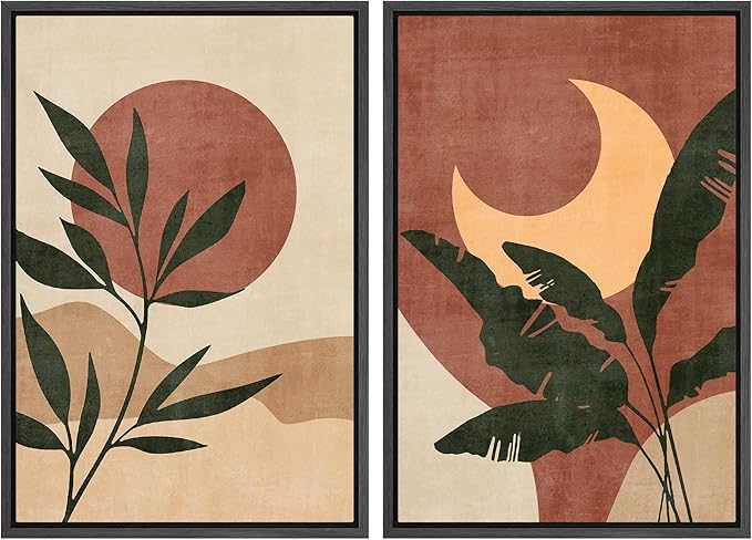 SIGNFORD Framed Canvas Print Wall Art Set Sun & Moon Mid-Century Desert Plants Abstract Shapes Illustration Modern Art Decorative Nordic Nature for Living Room, Bedroom, Office - 16"x24"x2 Black
