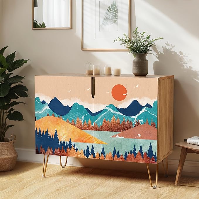 SIGNWIN Sideboard Buffet Cabinet, Kitchen Storage Cabinet with 2 Doors, Vibrant Granite Sunny Mountain, Cupboard Console Table for Dining Room - 35" L x 18" W x 29" H