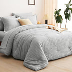 CozyLux Full Bed in a Bag Light Grey Seersucker Textured Comforter Set with Sheets 7-Pieces All Season Bedding Sets with Comforter, Pillow Sham, Flat Sheet, Fitted Sheet and Pillowcase