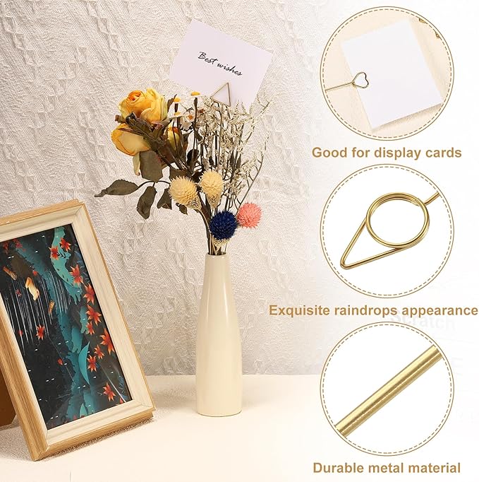 uxcell 24 Pcs Table Card Holders, 11.8 Raindrops Metal Craft Wire Clips Picture Clip Table Number Holders Picks for Wedding, Photos, Memo, Restaurant, Gold