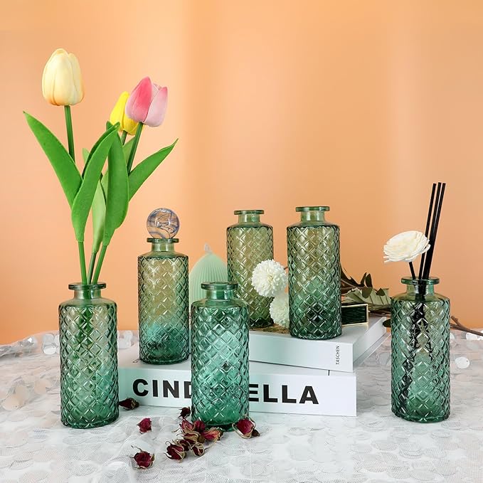 Glass Flower Vase, Green, Small Vase, Aromatherapy Bottle, 6 Sets, Simple Solid, for Birthday, Wedding, Thanksgiving, Home Decoration