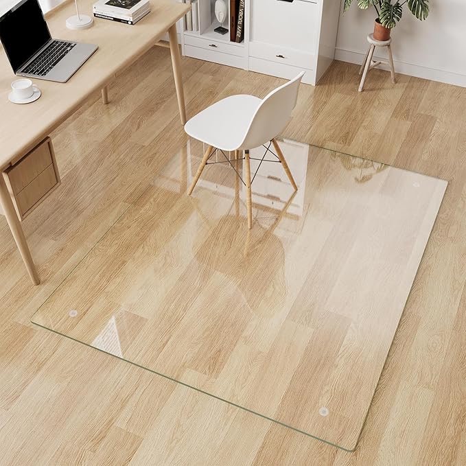 Glass Chair Mat 46" x 55" Heavy Duty Tempered Glass Mat, Office Glass Floor Mat with Round Corner and Polished Edge for Smooth Glide, Carpet Hardwood Floor Protector