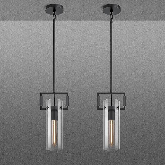Modern Black Knurled Kitchen Island Pendant Lights 2 Pack,12'' Glass Island Pendant Light,Farmhouses Pendant Light, for Kitchen,Dining Room,Bathroom,Bulbs Included