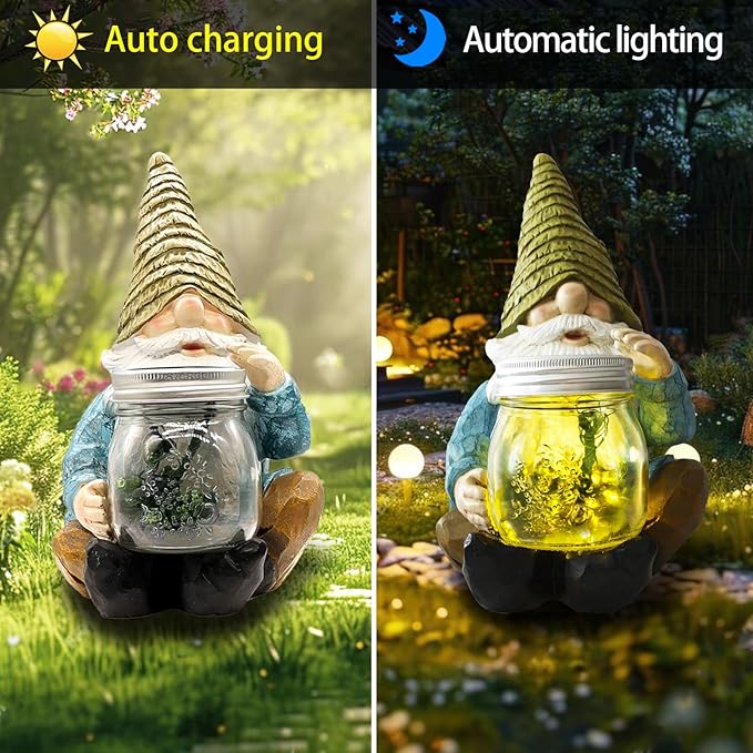 Solar Firefly Jar Gnome Waterproof- Large Garden Gnome Funny Solar Outdoor LED Lights Resin Statues 10.6" Lantern Figurines Decorations Birthday Gifts for Mom Women - Unique Housewarming Gifts