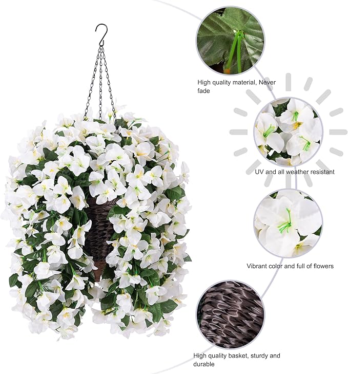 Artificial Bougainvillea Faux Flowers Plants Baskets for Outdoor Outside Summer Decoration, 3 PCS Fake Silk Long Hanging Vines UV Resistant Realistic for Front Door Porch Patio Balcony, White