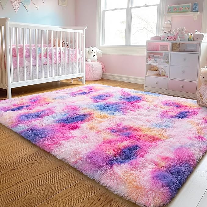 6x9 Fluffy Fuzzy Area Rug for Living Room Bedroom, Ultra Soft Large Living Room Rugs, Non Slip Thick Shag Rug for Dorm, Kids Girls Boys Rug for Home Decor Aesthetic, Dark Rainbow