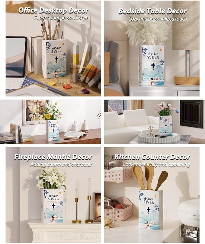 Bible Blessings Winter Flower Vase - Modern Ceramic Book-Shaped Vase for Flowers - Christian Desk Decor for Prayer Room, Dining Table, Coffee Table, Entryway, Religious Gifts (Sky Blue Winter, XL)