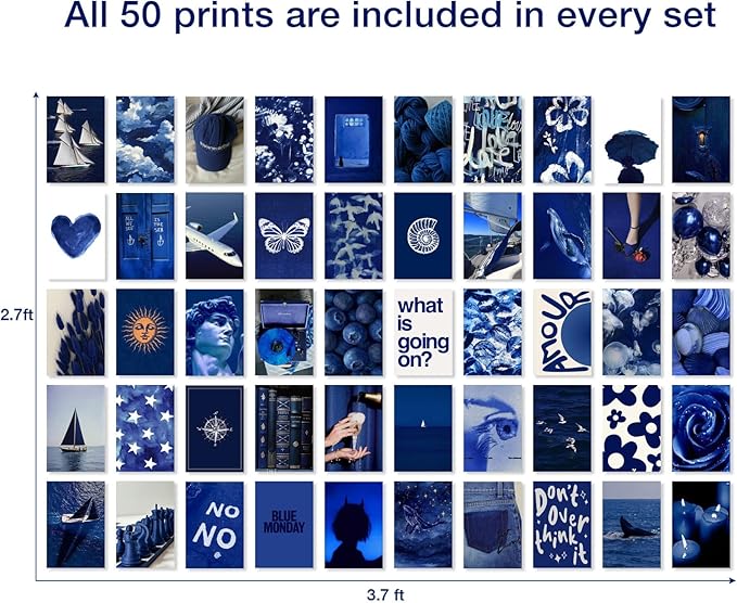 Y2K BOO Dark Navy Aesthetic Wall Collage Kit - 50 Trendy Deep Blue Photos for Minimalist Room Decor, 4"x6" Modern Art Prints for Teen Bedroom, College Dorm & Apartment Wall Aesthetic