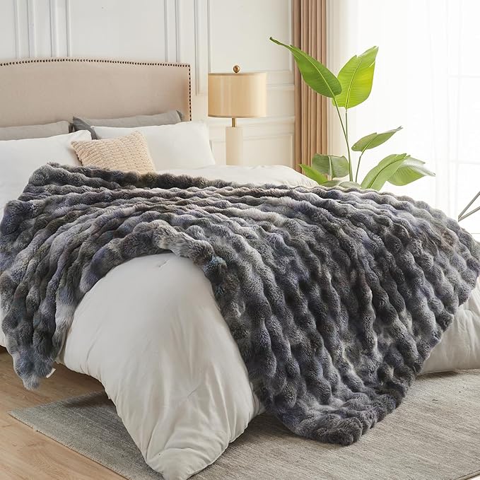 NEWCOSPLAY Faux Fur Twin Blanket Tie-dye Grey Luxury Fluffy Thick Warm Bubble Blanket for Couch Sofa Bed 700GSM (Tie-dye Grey, Twin(60"x80"))