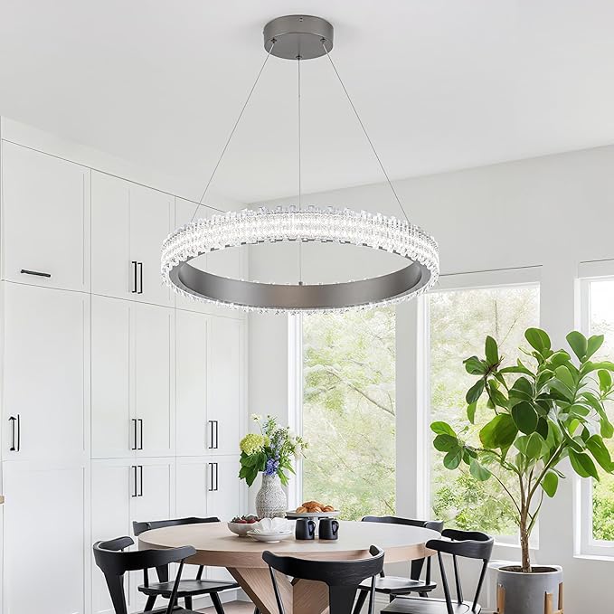 Modern Silver Grey Led Pendant Light,36W Dimmable LED Chandelier Lighting Fixture, 1 Ring Circular Hanging Led Pendant Lighting for Living Room Dining Room Kitchen Island Foyer Office