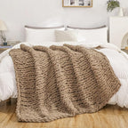 WESHIONGOO Chunky Knit Blanket Throw 50"×60" Knitted Throw Blankets for Couch Bed Fluffy Soft Blanket with Jumbo Chenille Yarn Thick 100% Handmade (Brown)