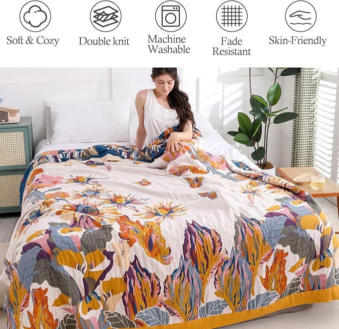 Snycler Boho Throw Blanket for Bed - 100% Cotton Ultra Soft Rustic Quilt - Watercolour Floral Printed Farmhouse Decor Bed Fall Blankets,80"×90" All Season Rustic Throw for Sofa Couch Chair