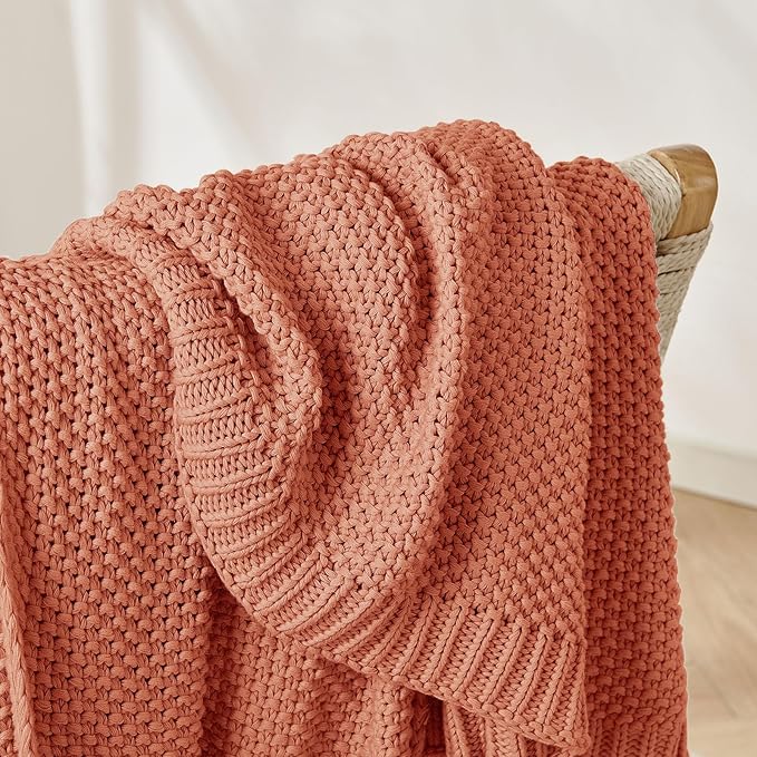 Joydeco Chunky Cable Knit Throw Blanket, Lightweight 100% Cotton Soft Cozy Throw Twin Blanket for Couch Bed and Sofa, Rustic Breathable Farmhouse Blanket Gift for Women Men(Burnt Orange, 60"x80")