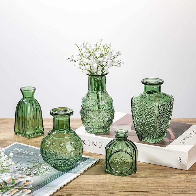 Glass Bud Vases Set of 20, Small Flower Vase in Bulk for Centerpieces, Mini Vintage Peacock Green Vases for Rustic Wedding Vintage Home Table Decor