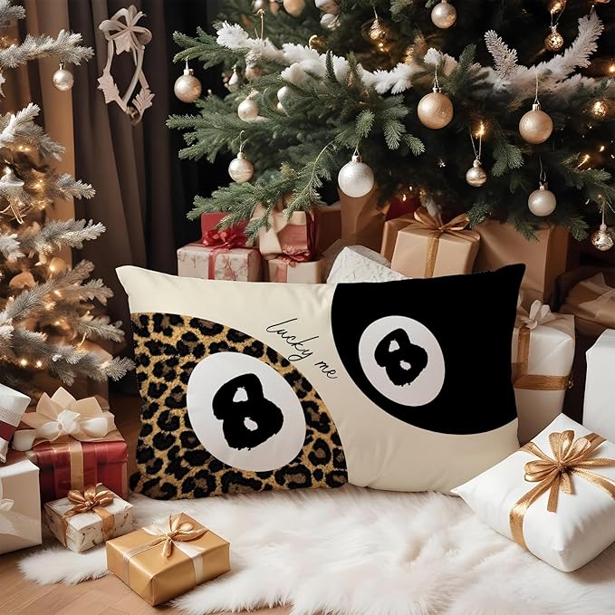 Trendy Leopard Lucky 8 Ball Pillow Covers 20x12, Cheetah Leopard Print Room Decor, Funky Preppy Leopard and Black Billiards Decorative Throw Pillow Covers for Girls Dorm Apartment
