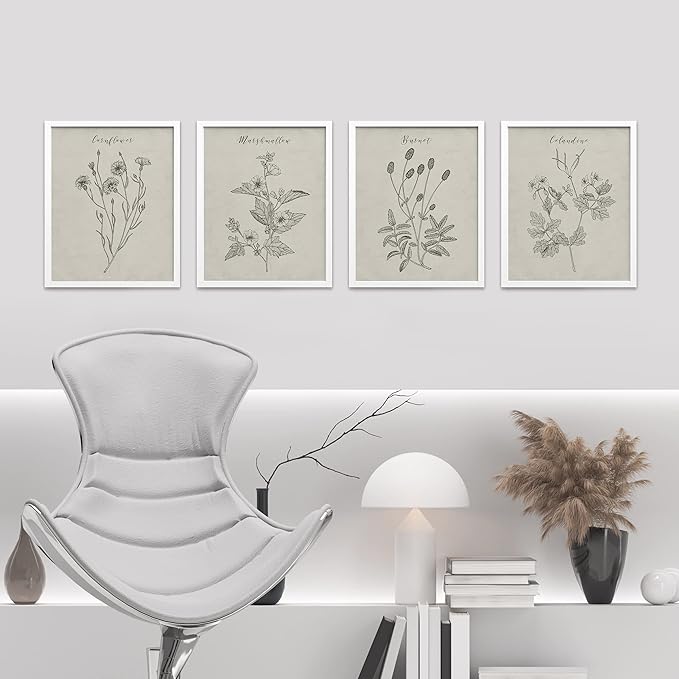 SIGNWIN Framed Vintage Wildflower Wall Art, Set of 4 Plant Collage Drawing Wall Decor Prints, Nature Wilderness Wall Décor for Living Room, Bedroom - 8"x10" White