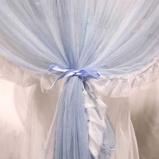 VETHIN 4 Corners Post Ruffle Princess Bed Canopy Curtain-Double Layer Cozy Drape Netting 4 Opening Mosquito Net for Girls Adults Bedroom Decoration (Gray/White,64" W*82" L*82"*H/Queen)