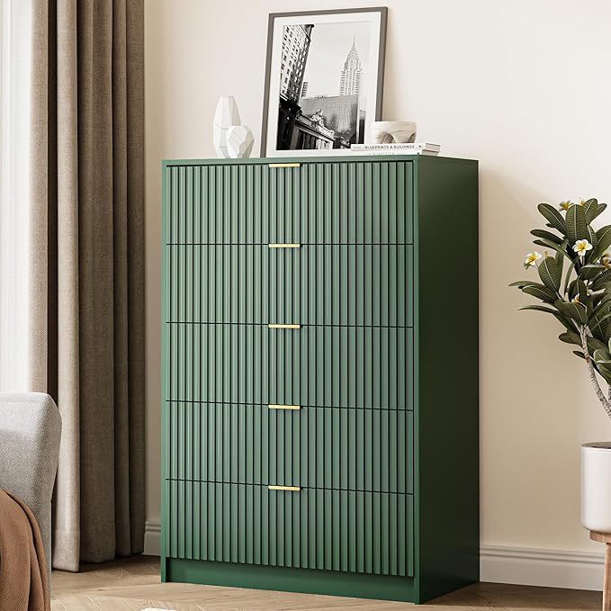 5 Drawer Dresser for Bedroom, Tall Dresser Chest of Drawers with Gold Handles, 32 Inch Wide Nightstand with for Bedroom, Living Rooms, Offices, and Entryways, Green