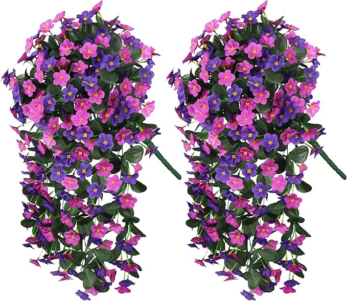 Artificial Fake Hanging Flowers Plants Vines for Outdoor Summer Decoration, 2PCS Faux Silk Orchid Long Stems Look Real UV Resistant for Home Outside Garden Wall Indoor(Dark Purple and Fuchsia)