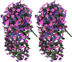 Artificial Fake Hanging Flowers Plants Vines for Outdoor Summer Decoration, 2PCS Faux Silk Orchid Long Stems Look Real UV Resistant for Home Outside Garden Wall Indoor(Dark Purple and Fuchsia)